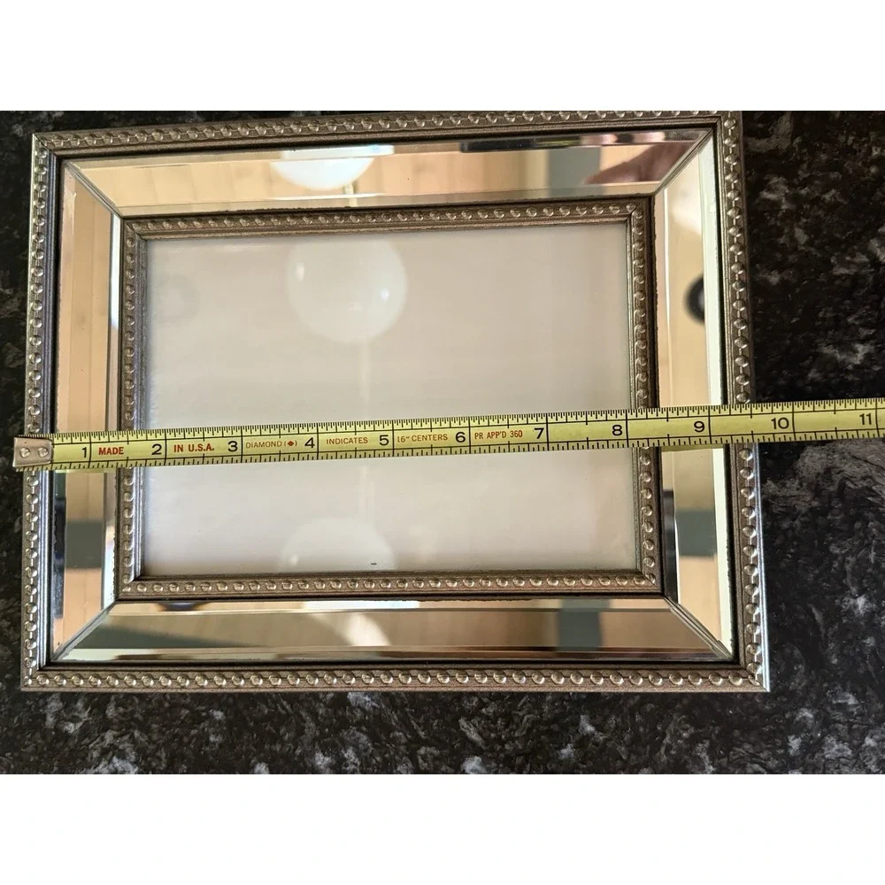 Mirrored 5x7 Photo Frame Beveled Glass Champagne Gold Beaded Trim Vintage Glam